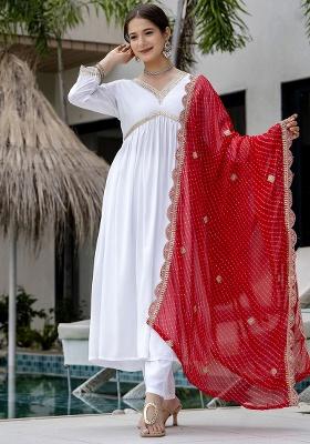 Red Embroidery Chanderi Kurta Set