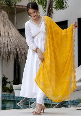 Yellow Embroidery Chanderi Kurta Set