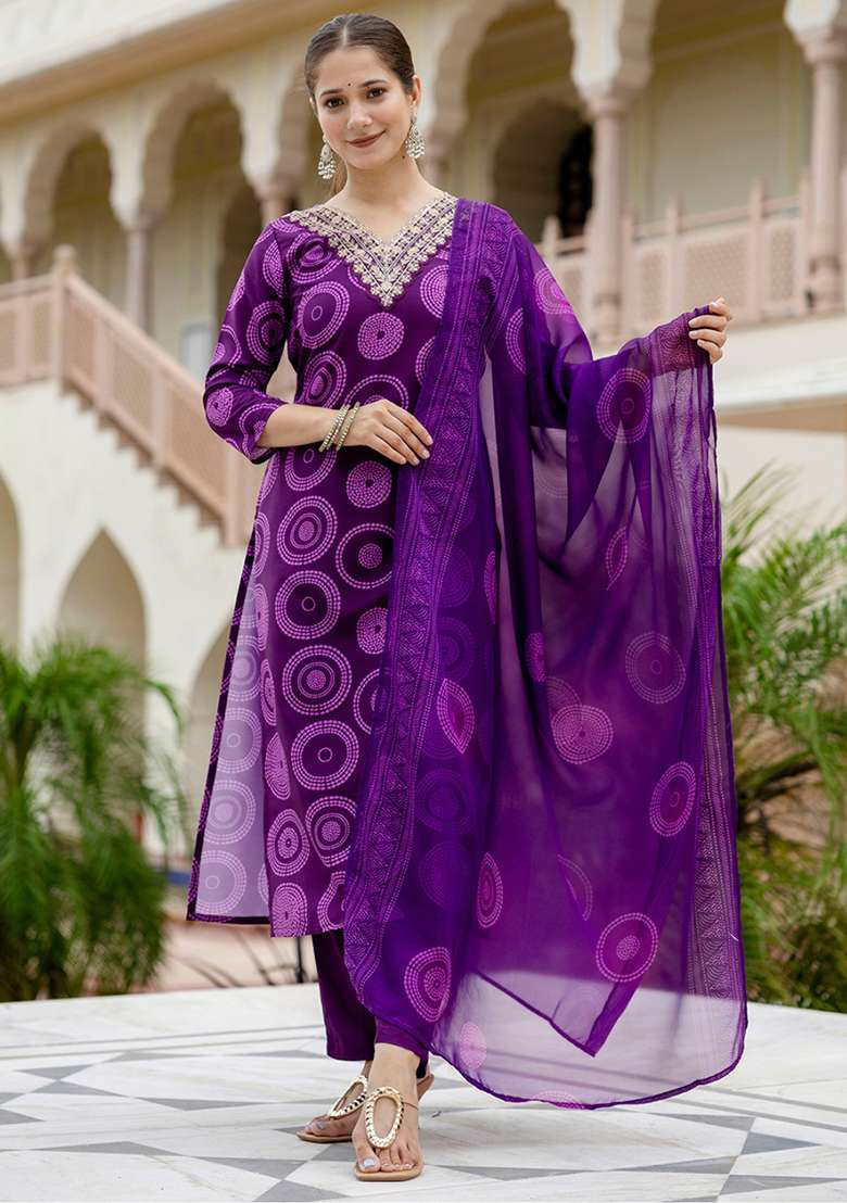 Purple Embroidery Rayon Kurta Set - Indya
