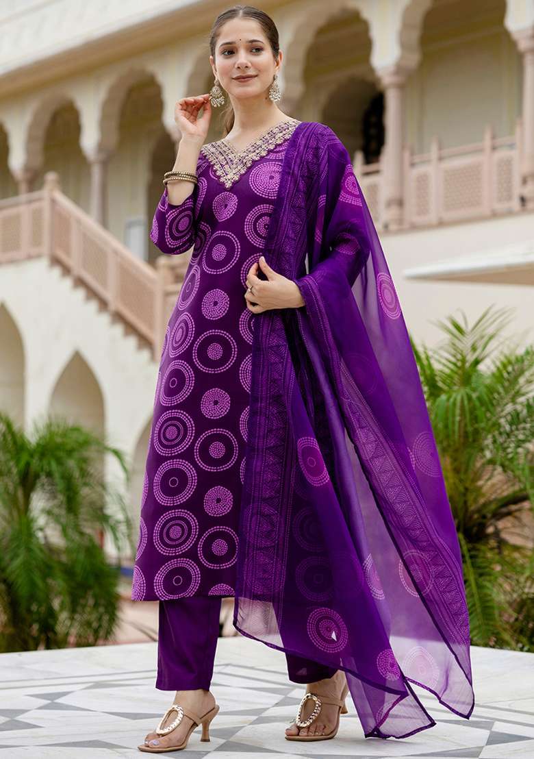 Purple Embroidery Rayon Kurta Set - Indya