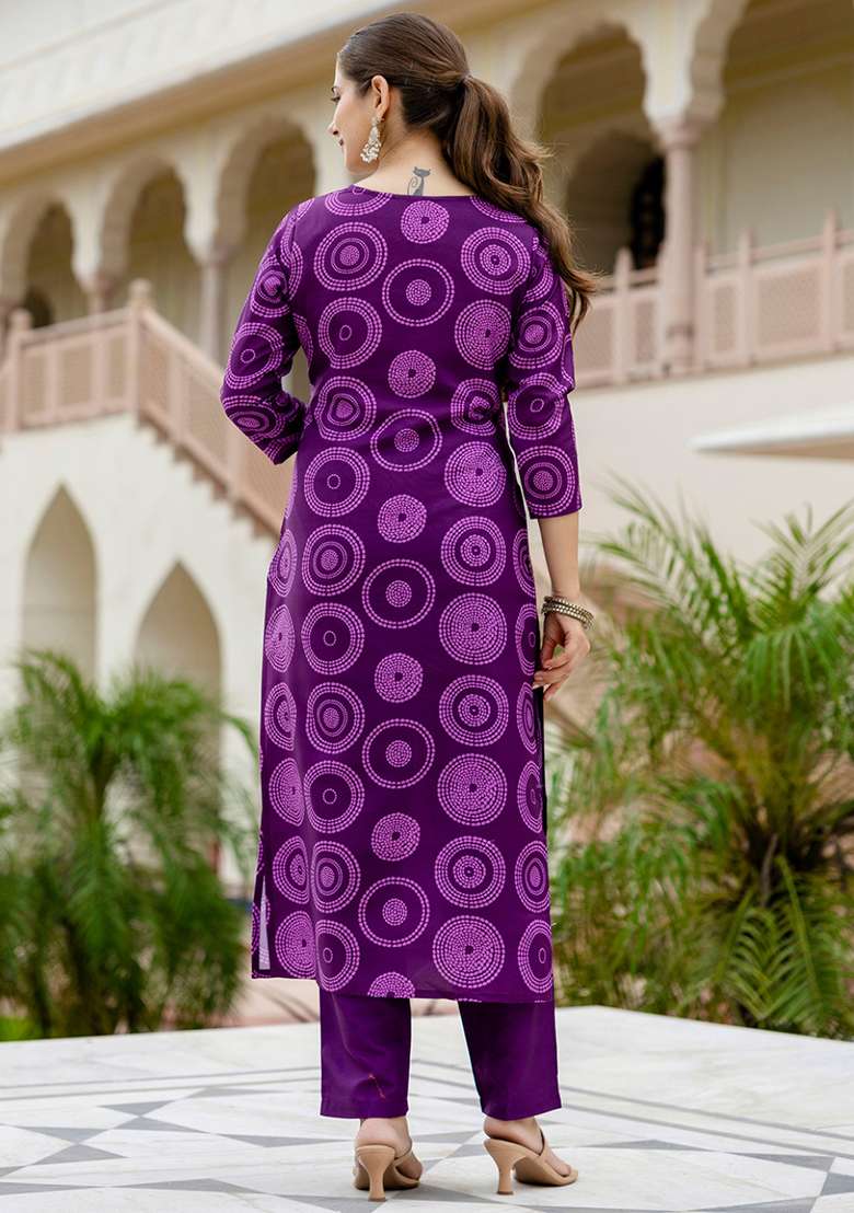 Purple Embroidery Rayon Kurta Set - Indya