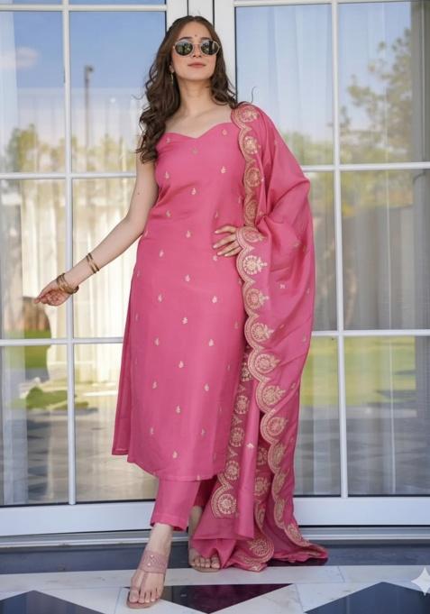 Peach Embroidery Viscose Kurta Set