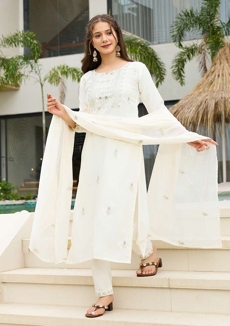 White Embroidery Rayon Slub Kurta Set - Indya