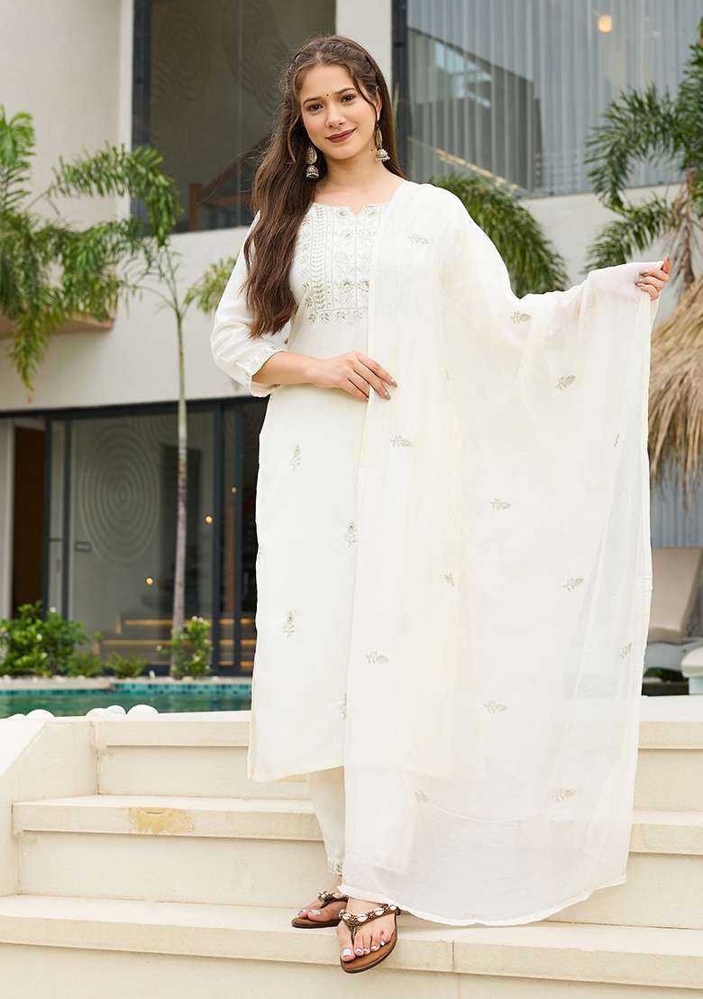 White Embroidery Rayon Slub Kurta Set - Indya