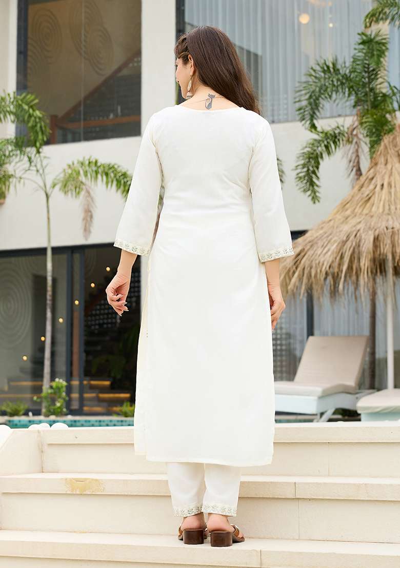 White Embroidery Rayon Slub Kurta Set - Indya