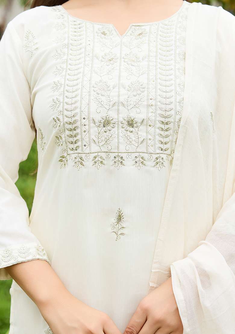 White Embroidery Rayon Slub Kurta Set - Indya