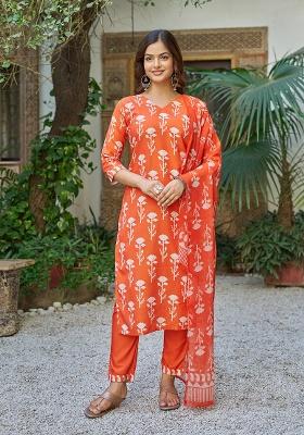 Orange Prirnted Cotton Blend Kurta Set