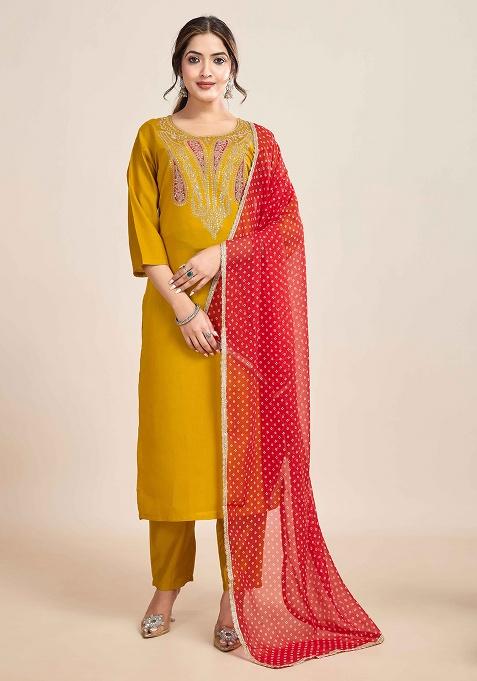 Mustard Embroidery Chanderi Kurta Set