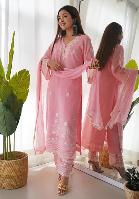 Pink Thread Cotton Blend Kurta Set