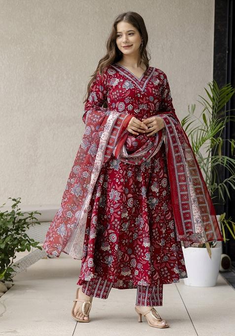 Maroon Prirnted Rayon Kurta Set