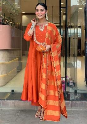 Rust Embroidery Chanderi Kurta Set
