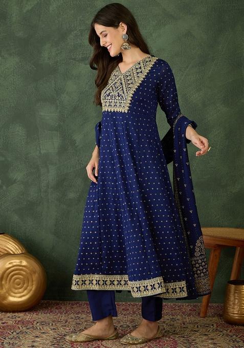 Blue Embroidery Silk Kurta Set