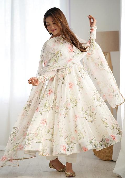 White Prirnted Silk Kurta Set