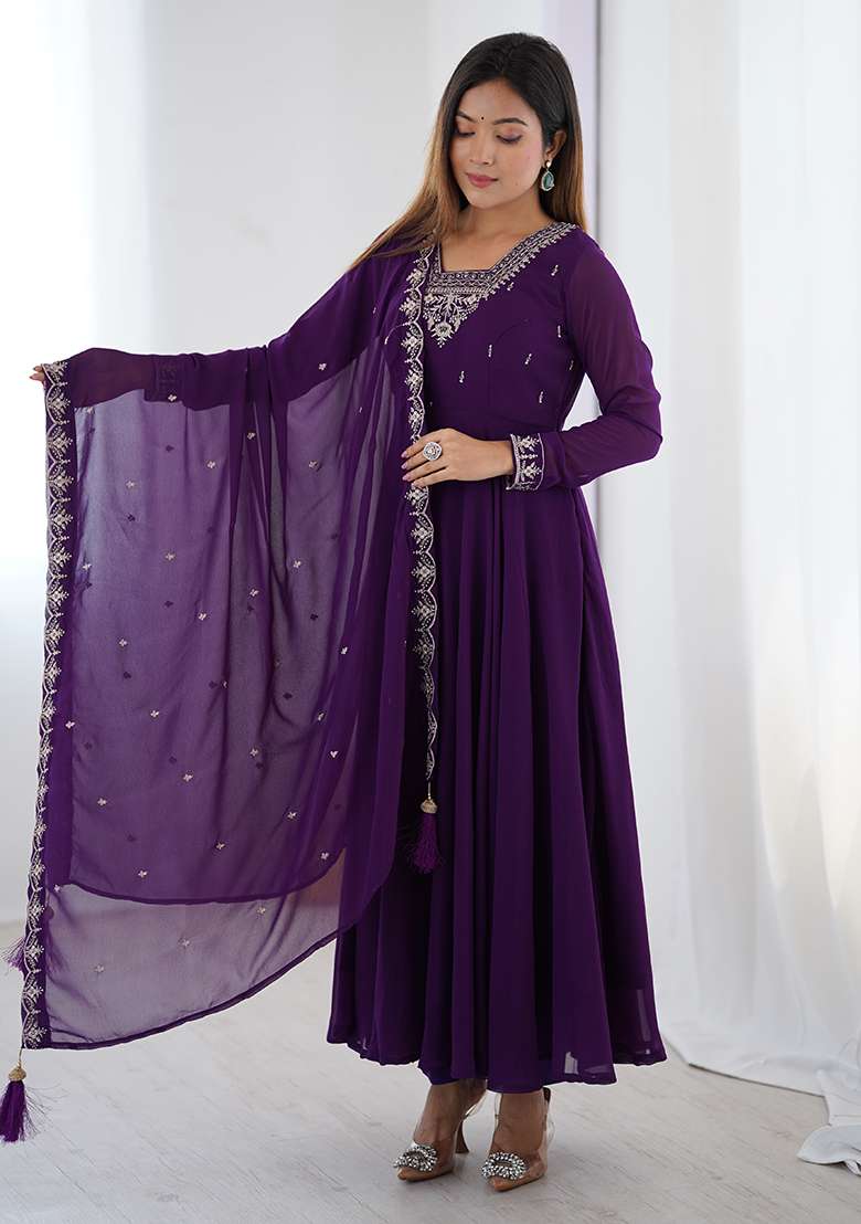 Purple Embroidery Georgette Kurta Set - Indya