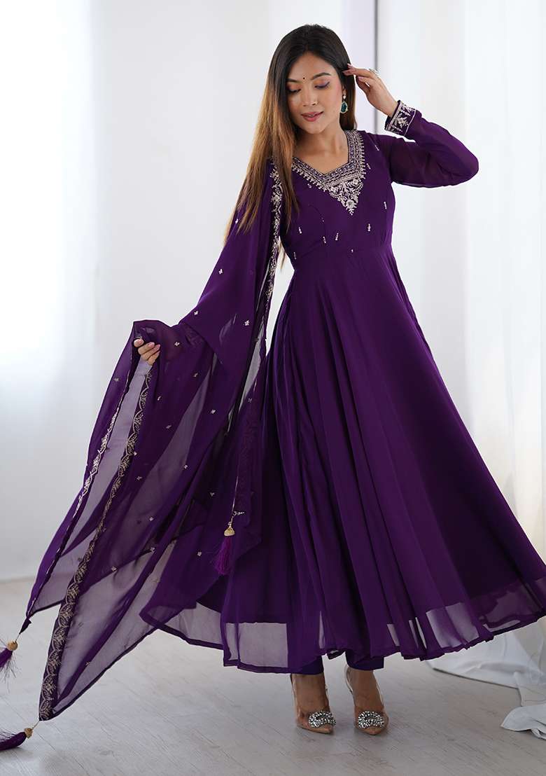 Purple Embroidery Georgette Kurta Set - Indya