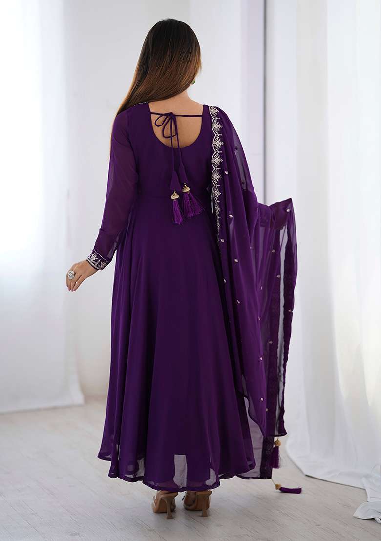 Purple Embroidery Georgette Kurta Set - Indya