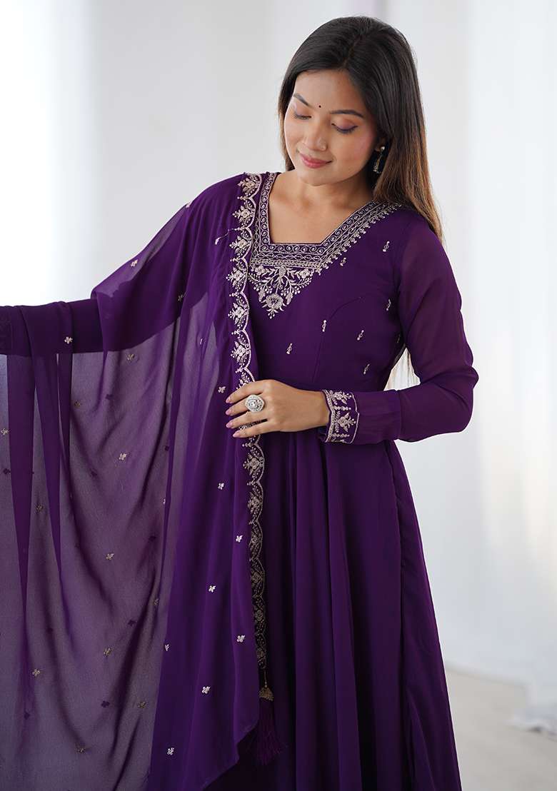 Purple Embroidery Georgette Kurta Set - Indya