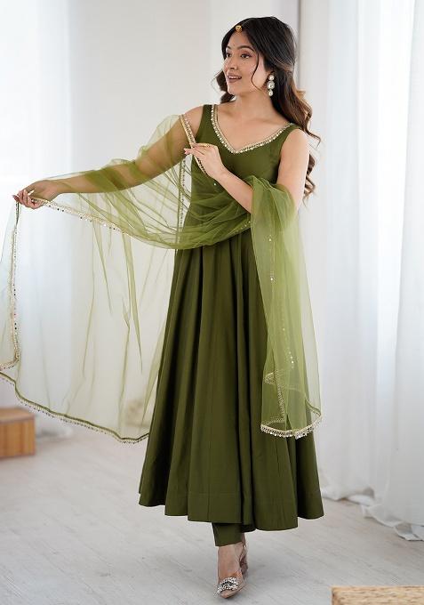 Mehandi Solid Silk Kurta Set