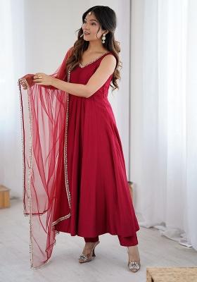 Maroon Solid Silk Kurta Set