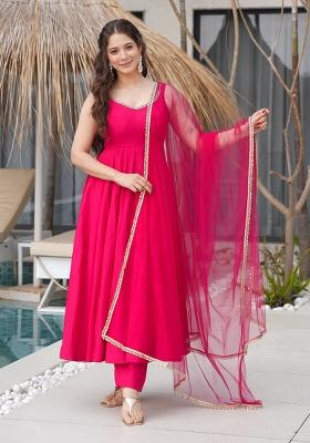 Rani Pink Solid Silk Kurta Set