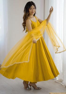 Yellow Solid Silk Kurta Set