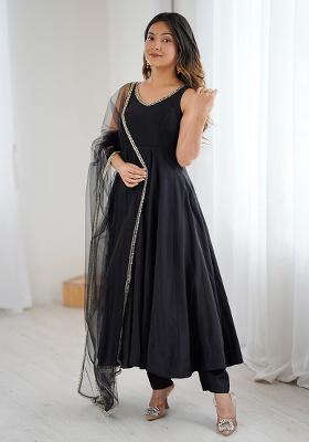 Black Solid Silk Kurta Set