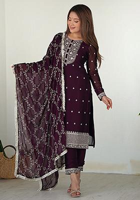 Wine Embroidery Silk Kurta Set