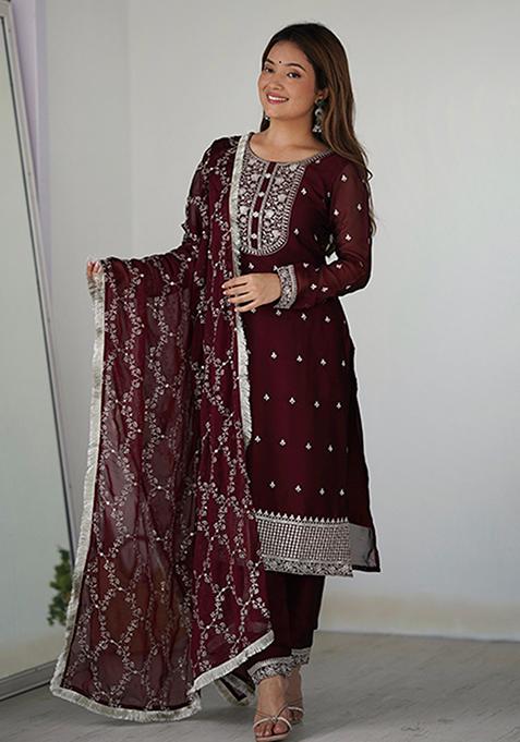 Maroon Embroidery Silk Kurta Set
