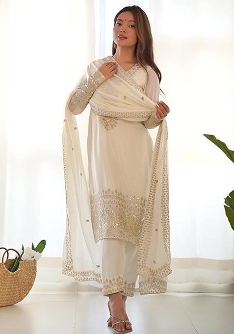 White Embroidery Silk Kurta Set