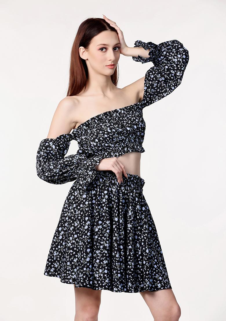 Black Prirnted Blended Co Ord Set - Indya