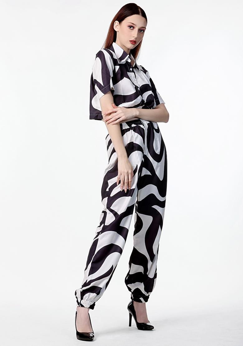 Black Block Print Blended Co Ord Set - Indya