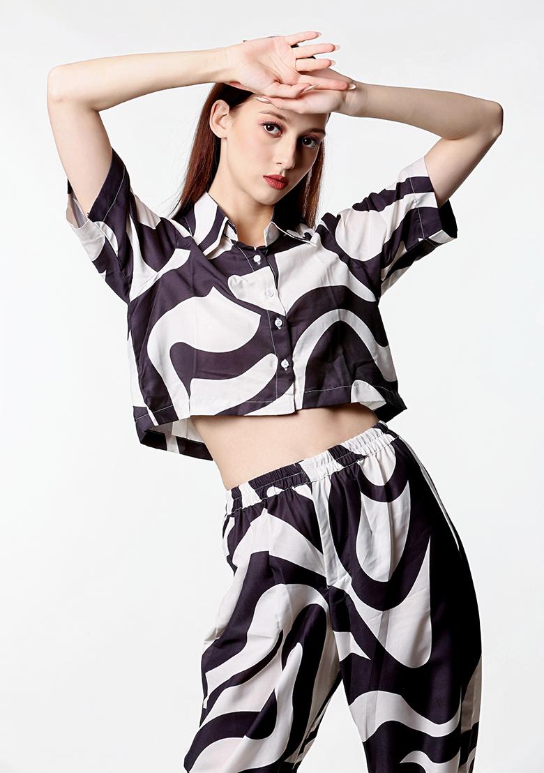 Black Block Print Blended Co Ord Set - Indya