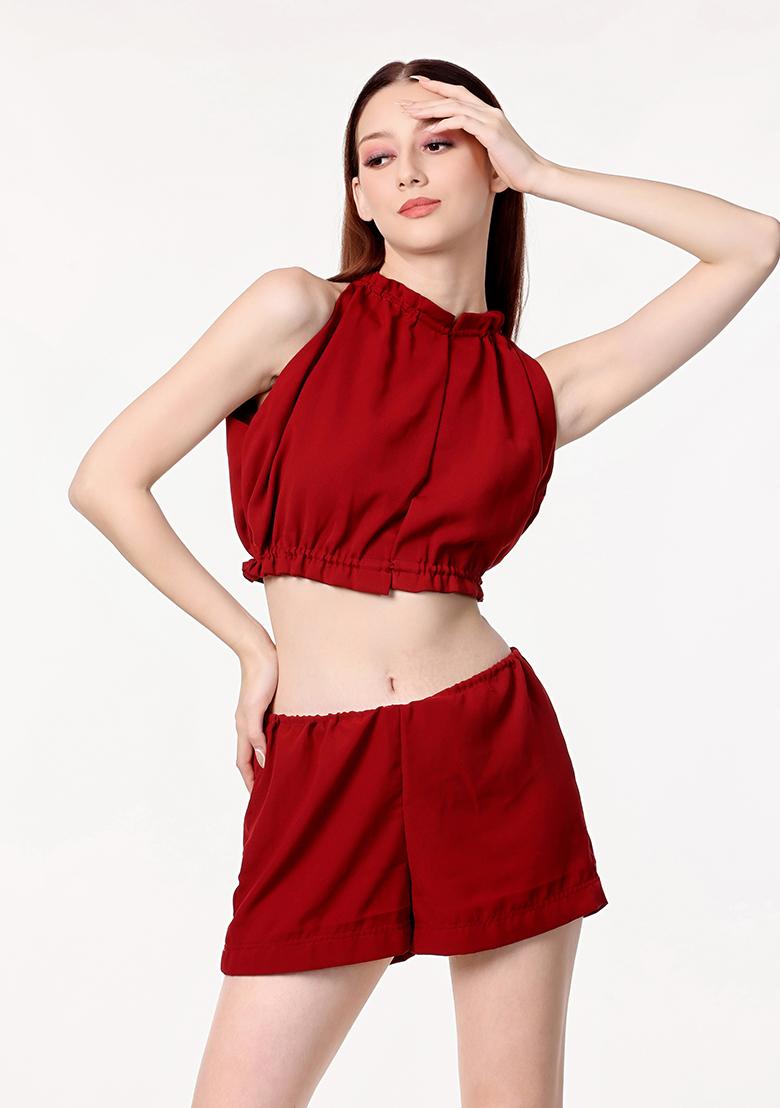 Red Prirnted Blended Co Ord Set - Indya