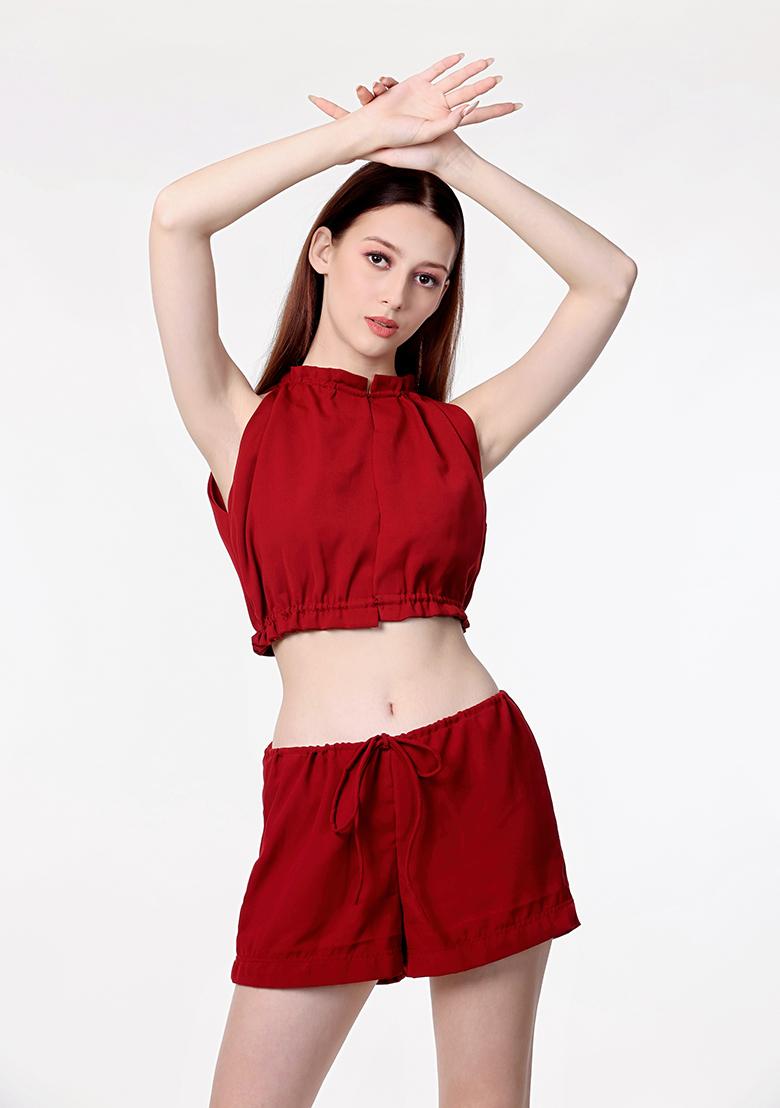Red Prirnted Blended Co Ord Set - Indya