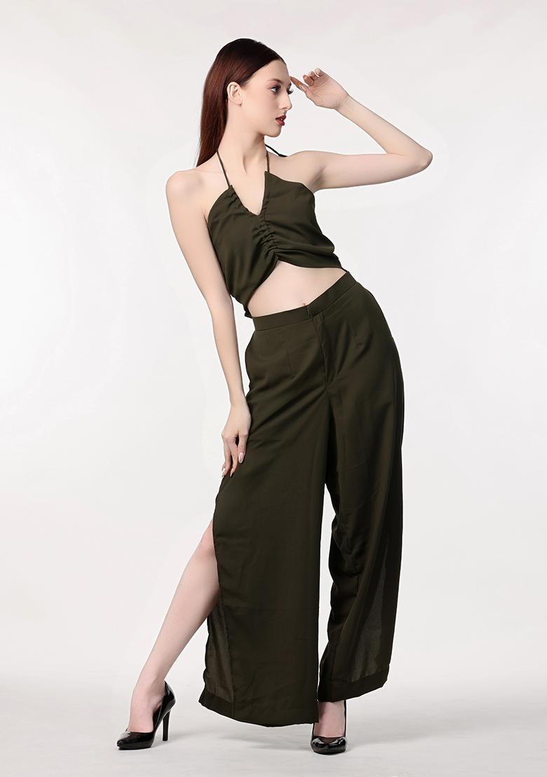 Olive Green Solid Blended Co Ord Set - Indya