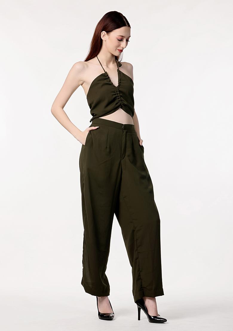 Olive Green Solid Blended Co Ord Set - Indya