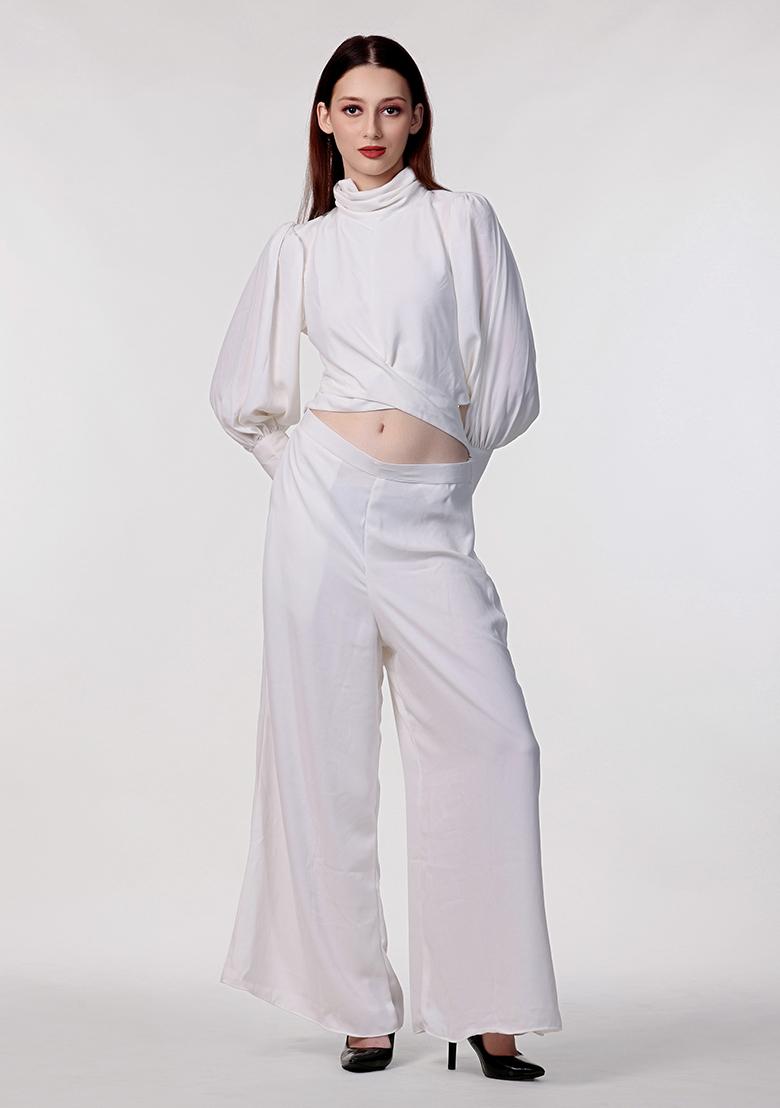 White Solid Blended Co Ord Set - Indya