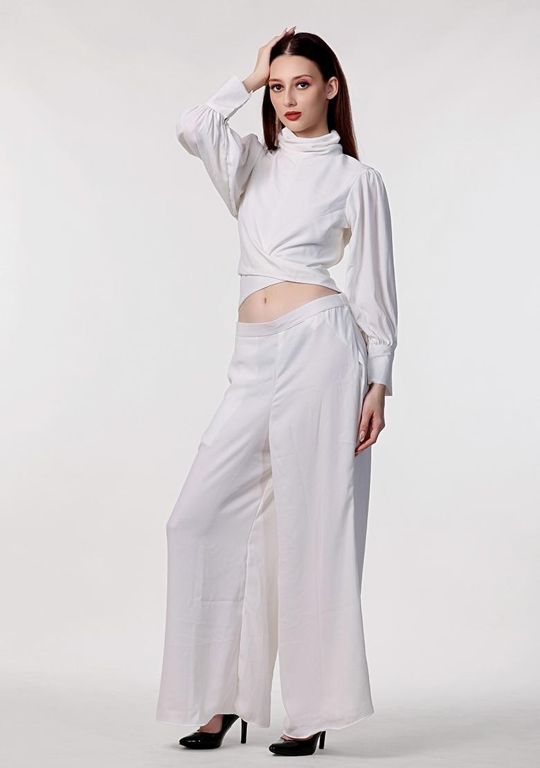 White Solid Blended Co Ord Set - Indya
