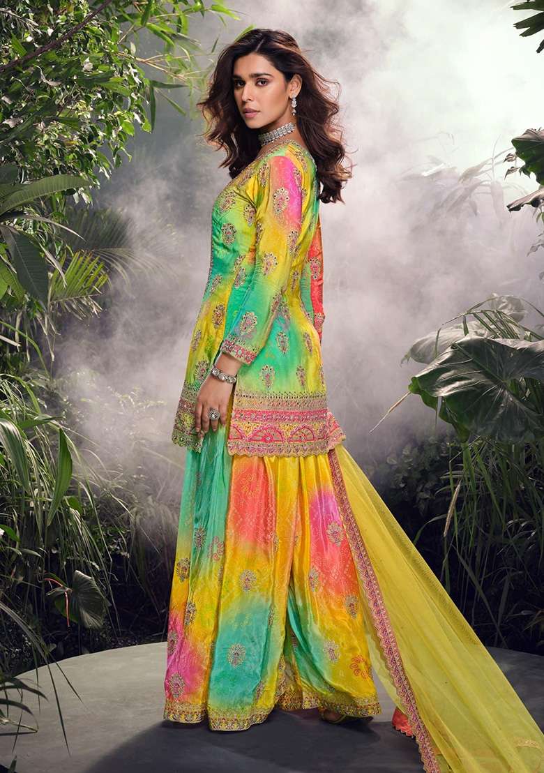 Yellow Embroidered Silk Blend Sharara Set - Indya