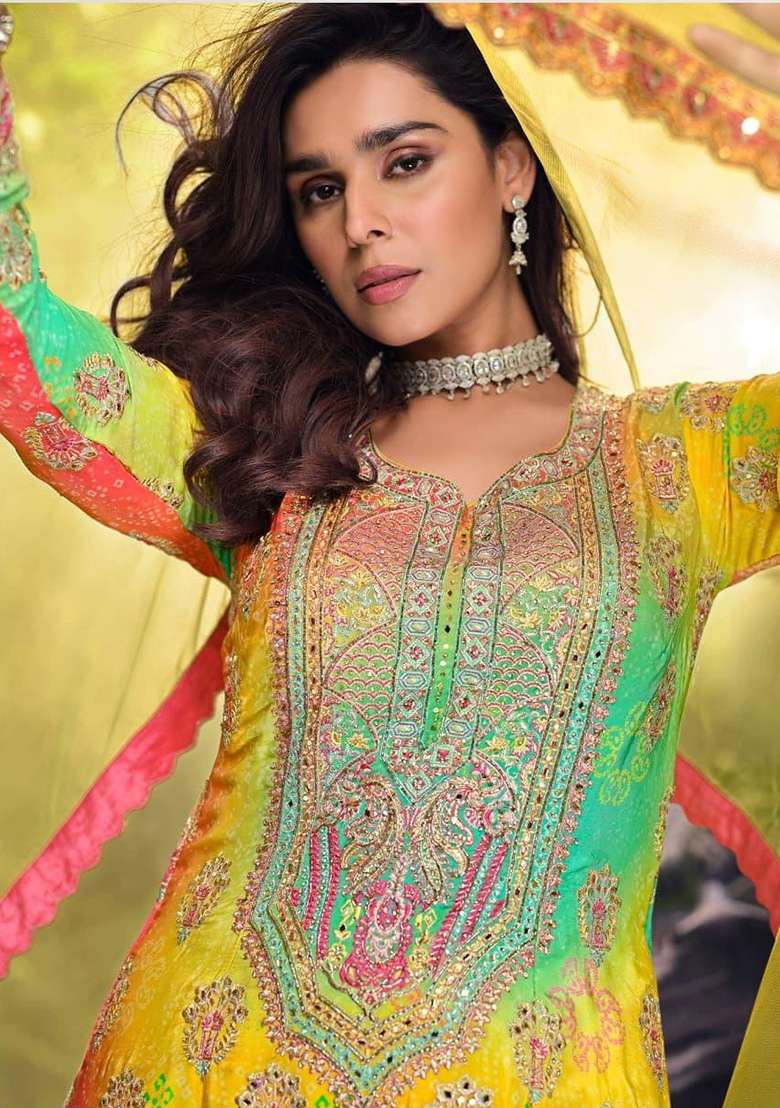 Yellow Embroidered Silk Blend Sharara Set - Indya