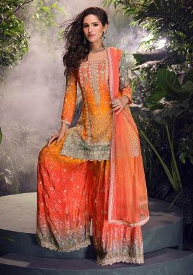 Orange Embroidered Silk Kurta Set