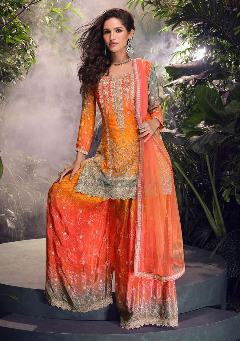 Orange Embroidered Silk Blend Sharara Set - Indya