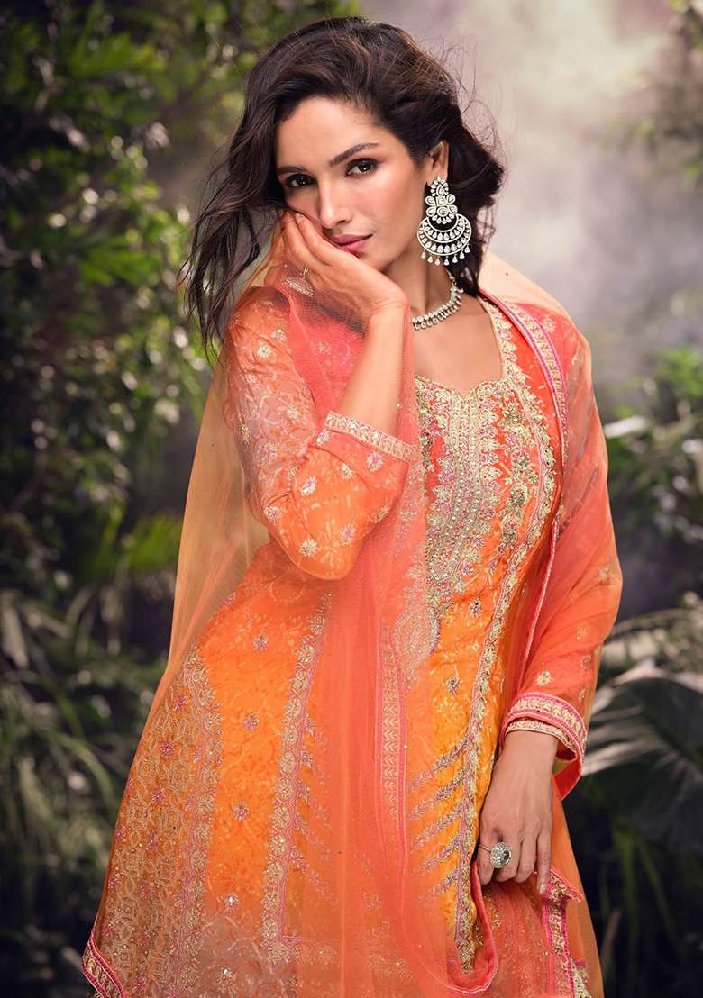 Orange Embroidered Silk Blend Sharara Set - Indya