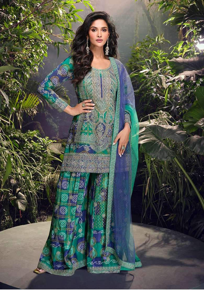 Blue Printed Silk Blend Sharara Set - Indya
