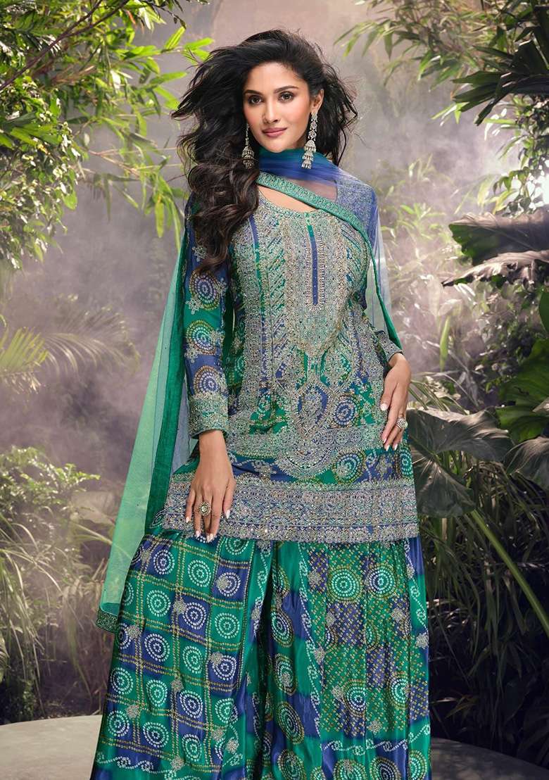 Blue Printed Silk Blend Sharara Set - Indya