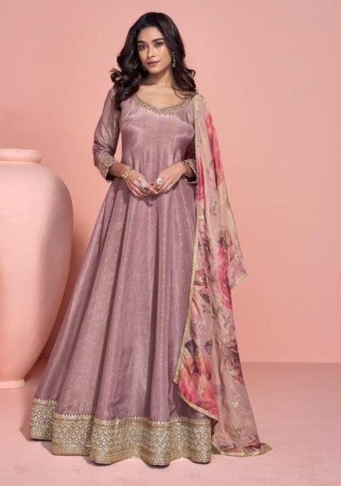 Brown Embroidered Shimmer Kurta With Dupatta