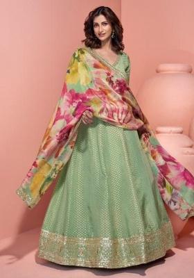 Green Embroidered Shimmer Kurta With Dupatta