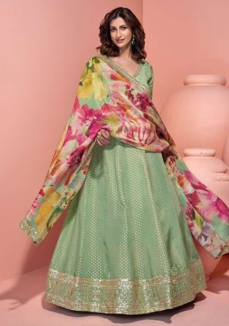 Green Embroidered Shimmer Anarkali Set - Indya