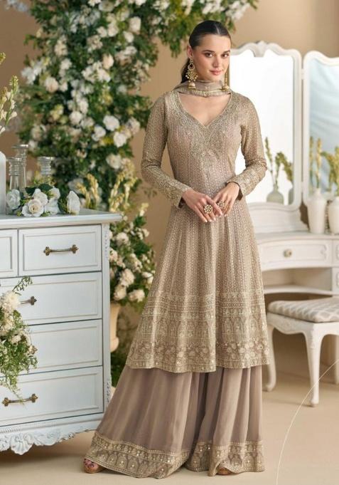 Beige Embroidered Georgette Kurta Set
