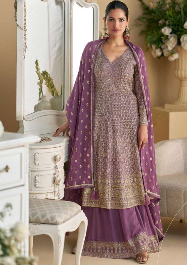 Lavender Embroidered Georgette Sharara Set - Indya